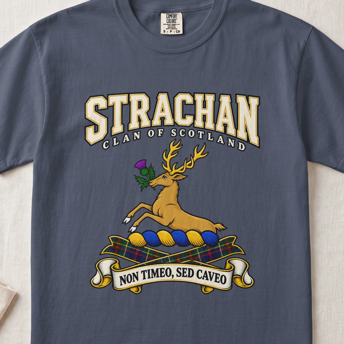 Strachan Scottish clan graphic T-shirt in Midnight, front view