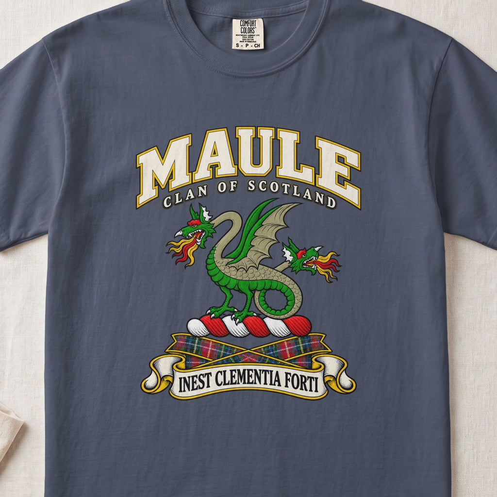 Maule Scottish clan T-shirt in Midnight, front view with a green two-headed winged dragon and motto design.