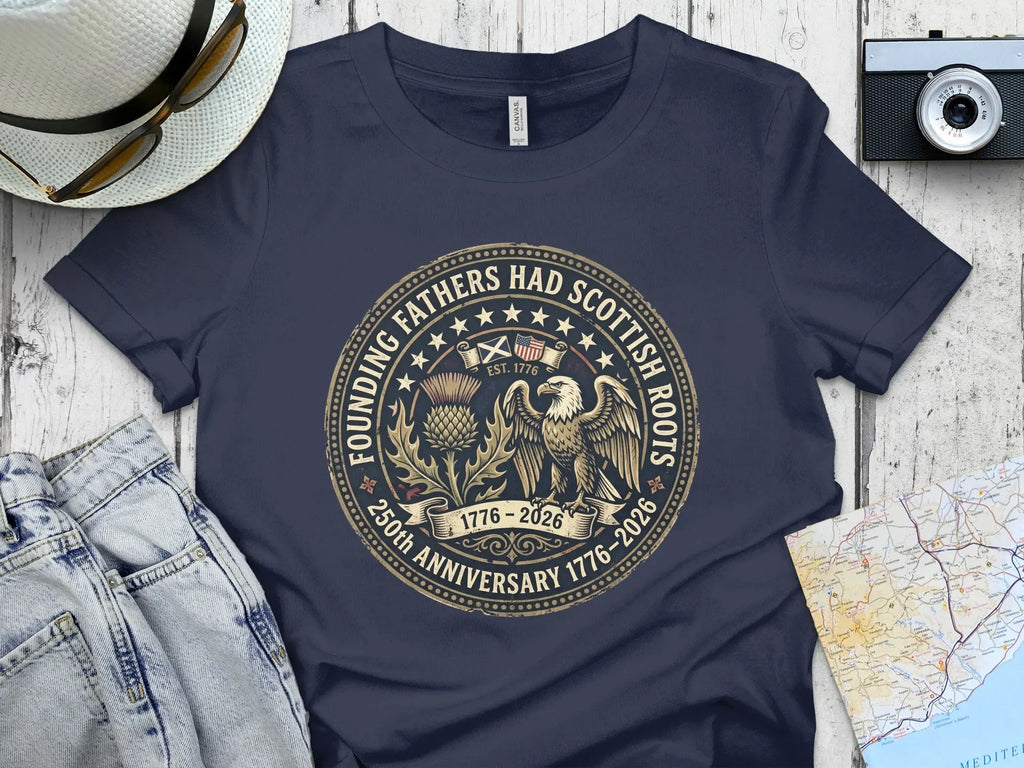 Navy t-shirt with "Founding Fathers Had Scottish Roots" circular emblem.