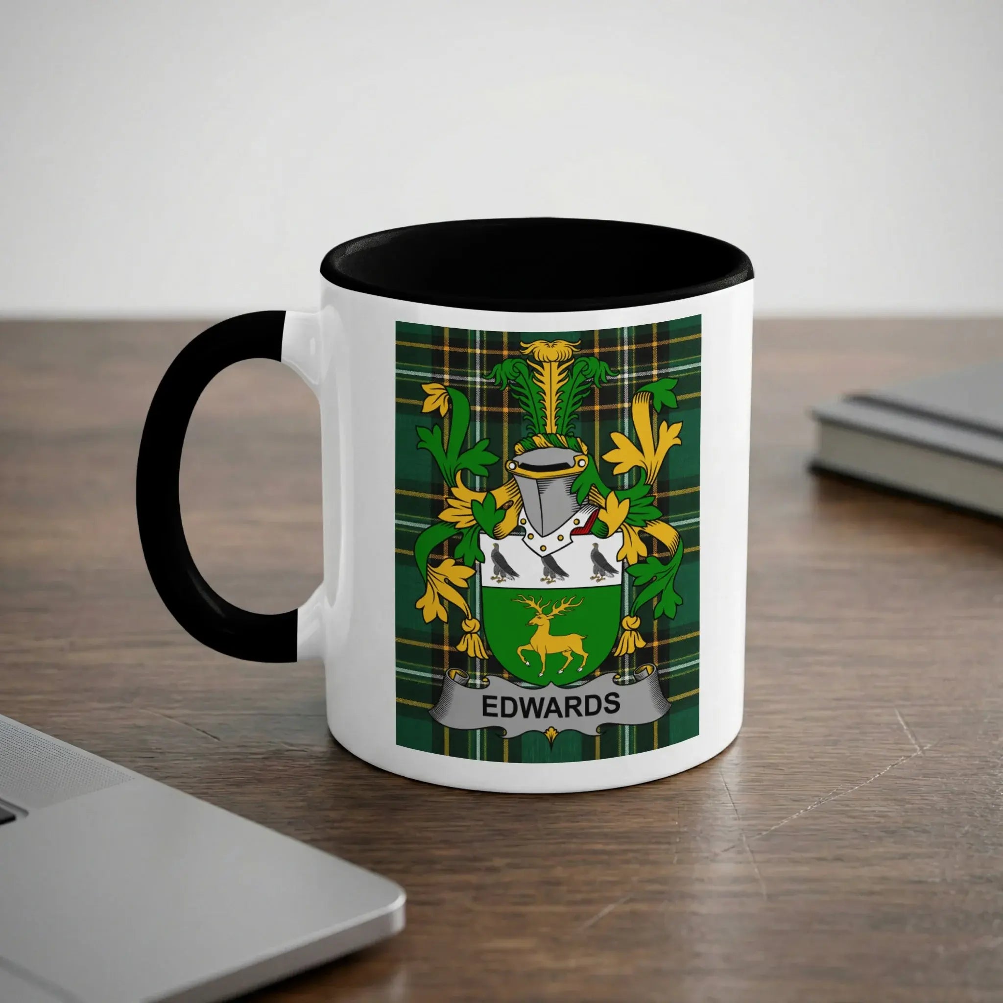 Mug featuring the Edwards family crest with a white background and black rim.