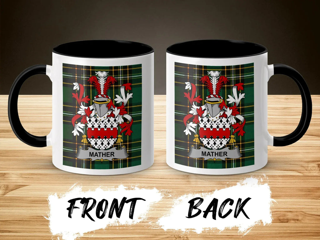 Mug with Mather coat of arms on tartan background, front and back view.