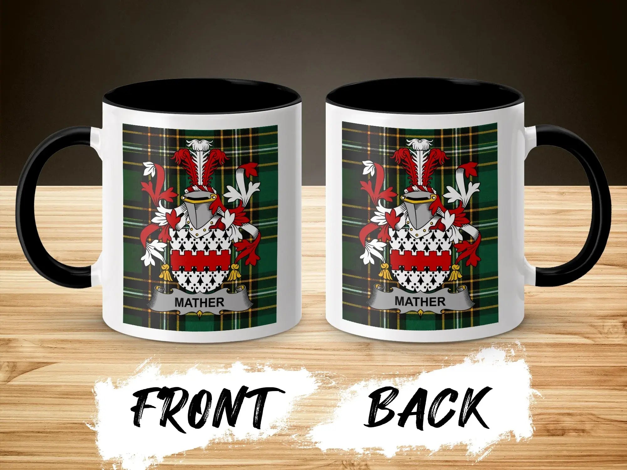 Mug with Mather coat of arms on tartan background, front and back view.