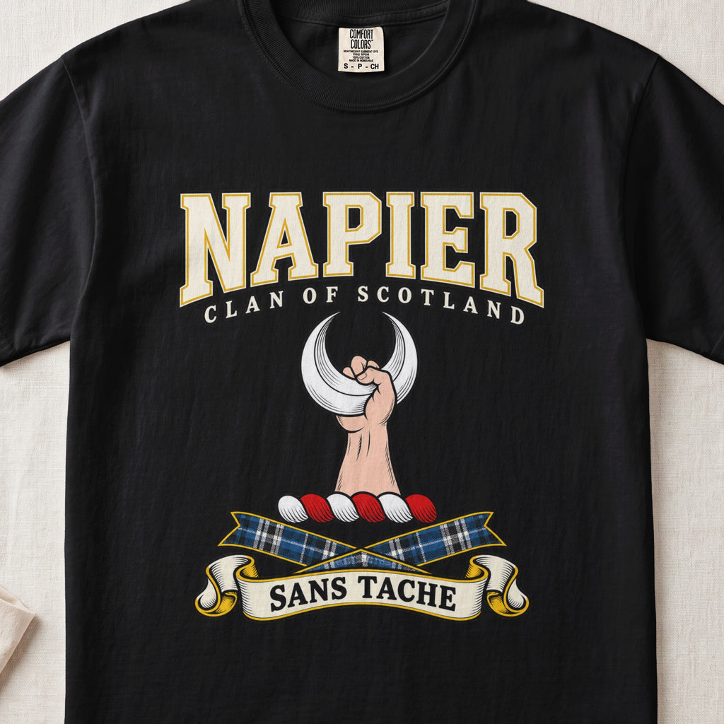 Napier Scottish clan graphic T-shirt in Black, front view