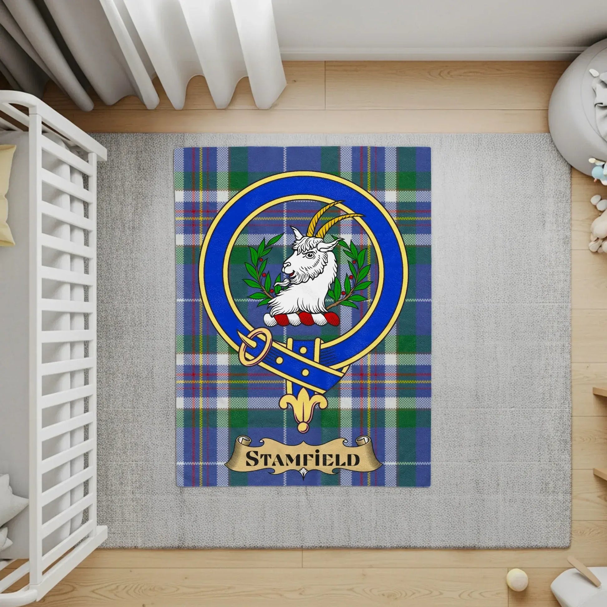 Blue and Green Plaid Rug with Goat Emblem product type
