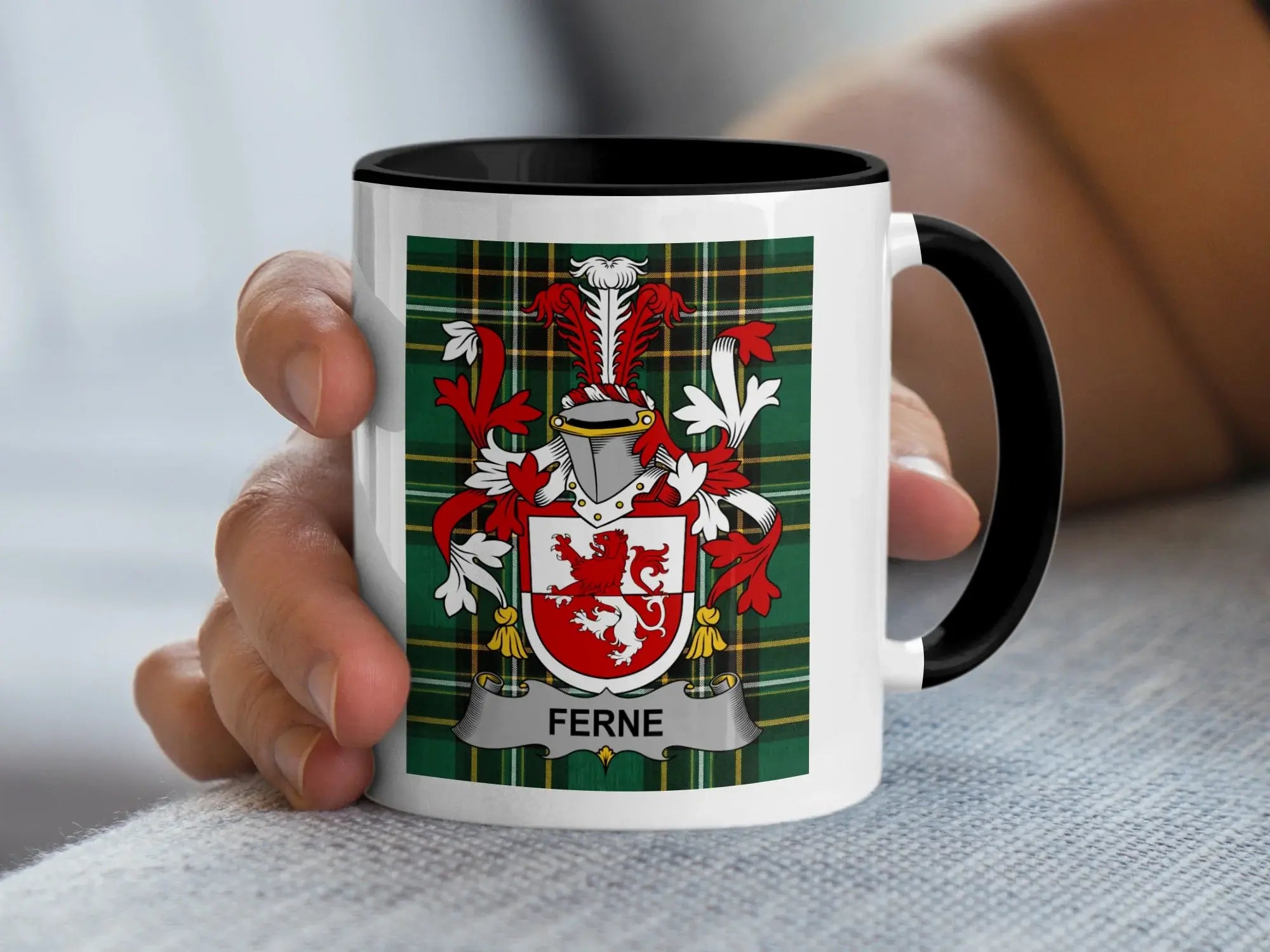 Ferne Irish family crest black accent mug
