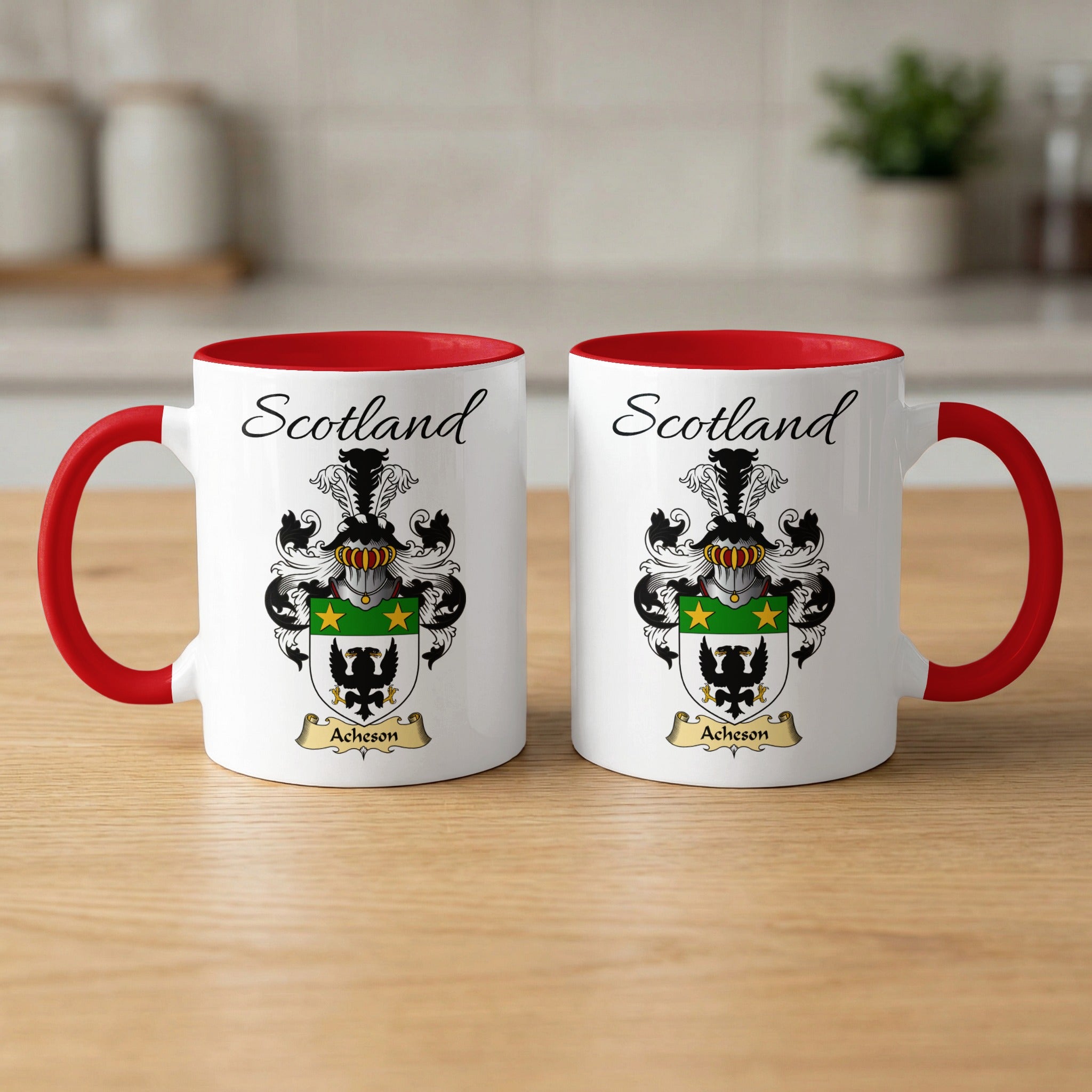 Acheson 11 oz Scottish family crest ceramic mug with a Scotland-topped heraldic emblem