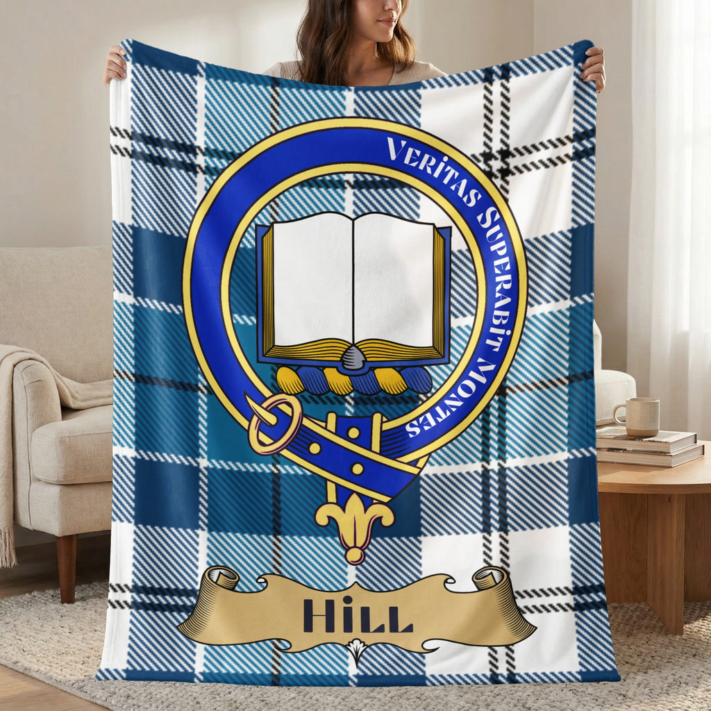 Hill clan crest blue tartan throw blanket with name banner — 50x60 polyester