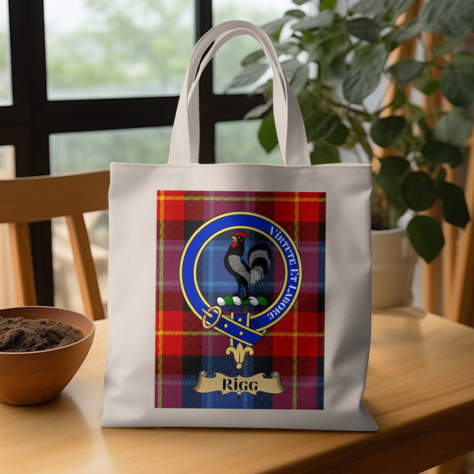 Scottish Clan Crest on Tartan Background Rigg Tote Bag - Living Stone Gifts