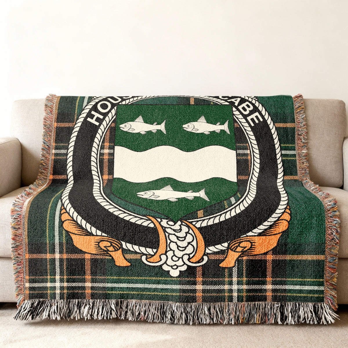 MacCabe Irish National Tartan woven blanket displayed on a sofa