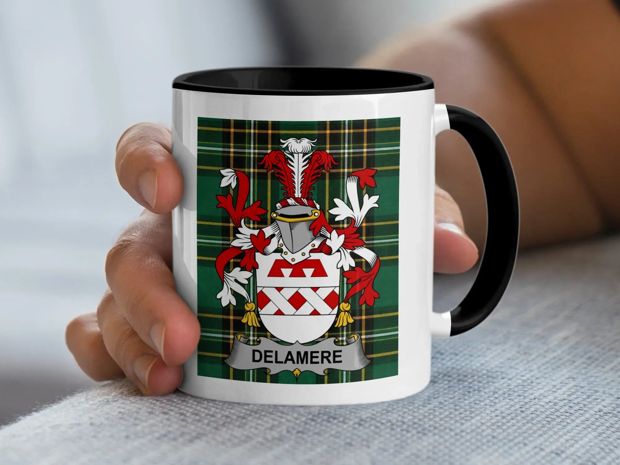 Delamere Irish family crest black accent mug