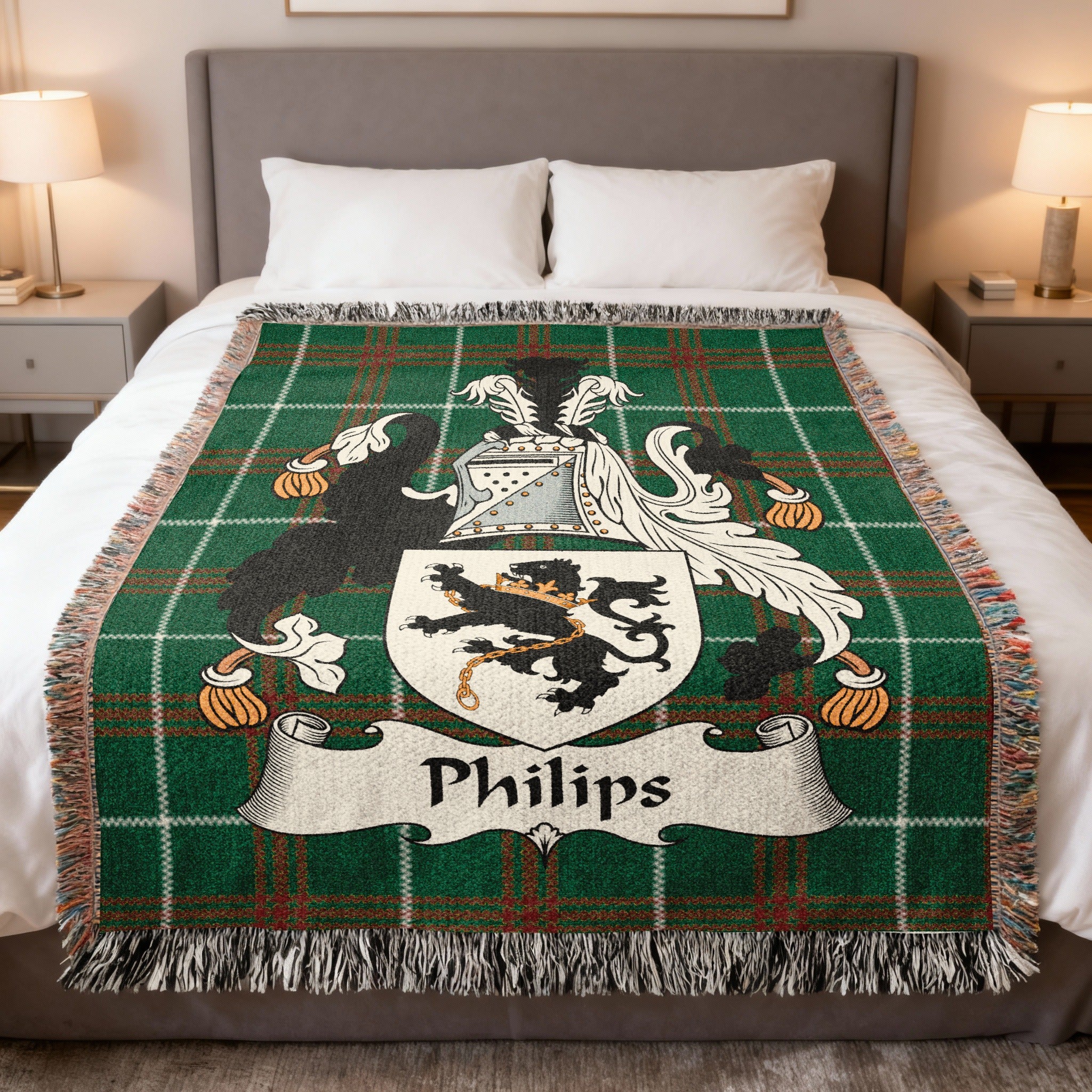 Philips Welsh crest woven blanket on Welsh national tartan