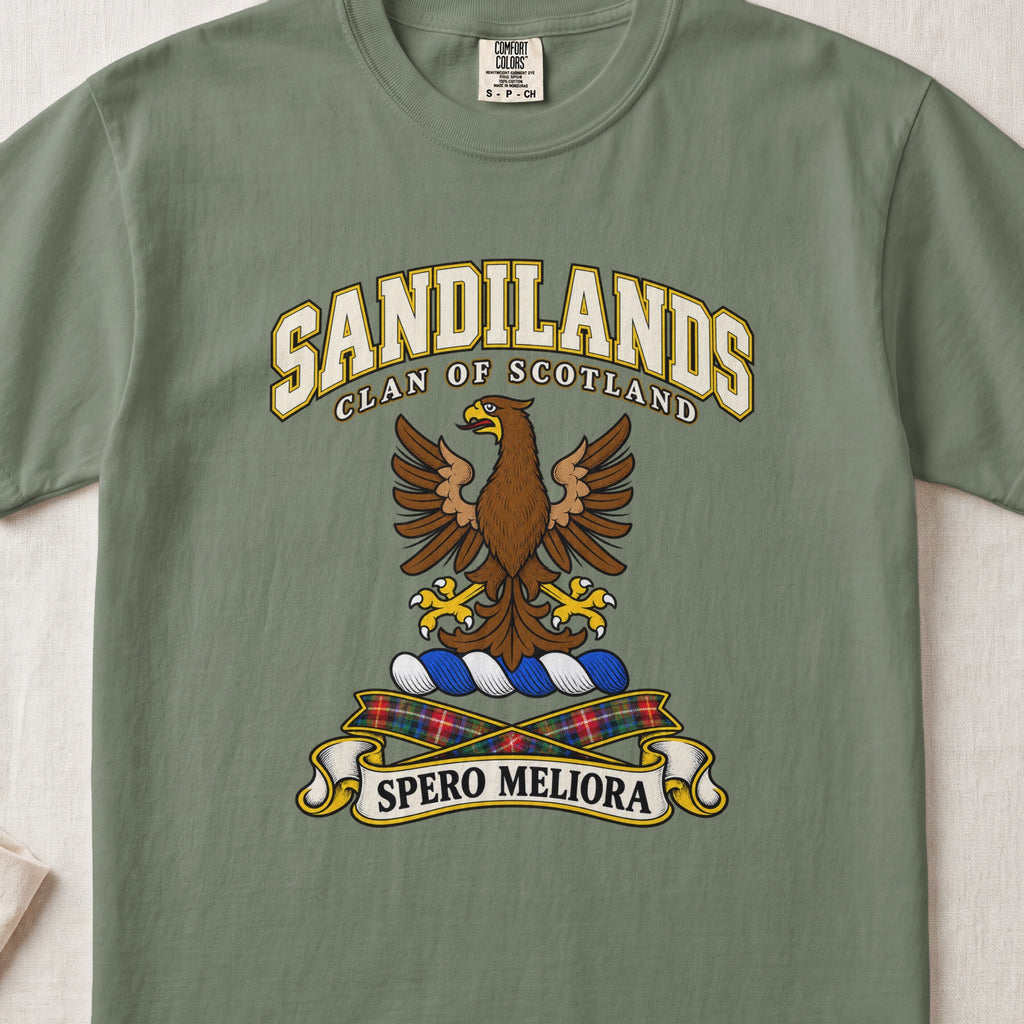 Sandilands Scottish clan T-shirt in Moss, front view with a brown eagle with spread wings and motto design.
