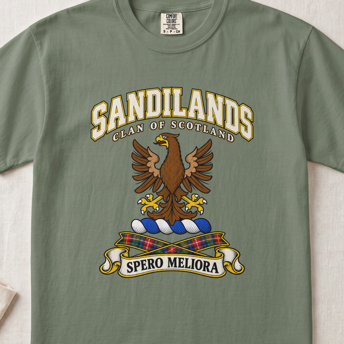Sandilands Scottish clan T-shirt in Moss, front view with a brown eagle with spread wings and motto design.