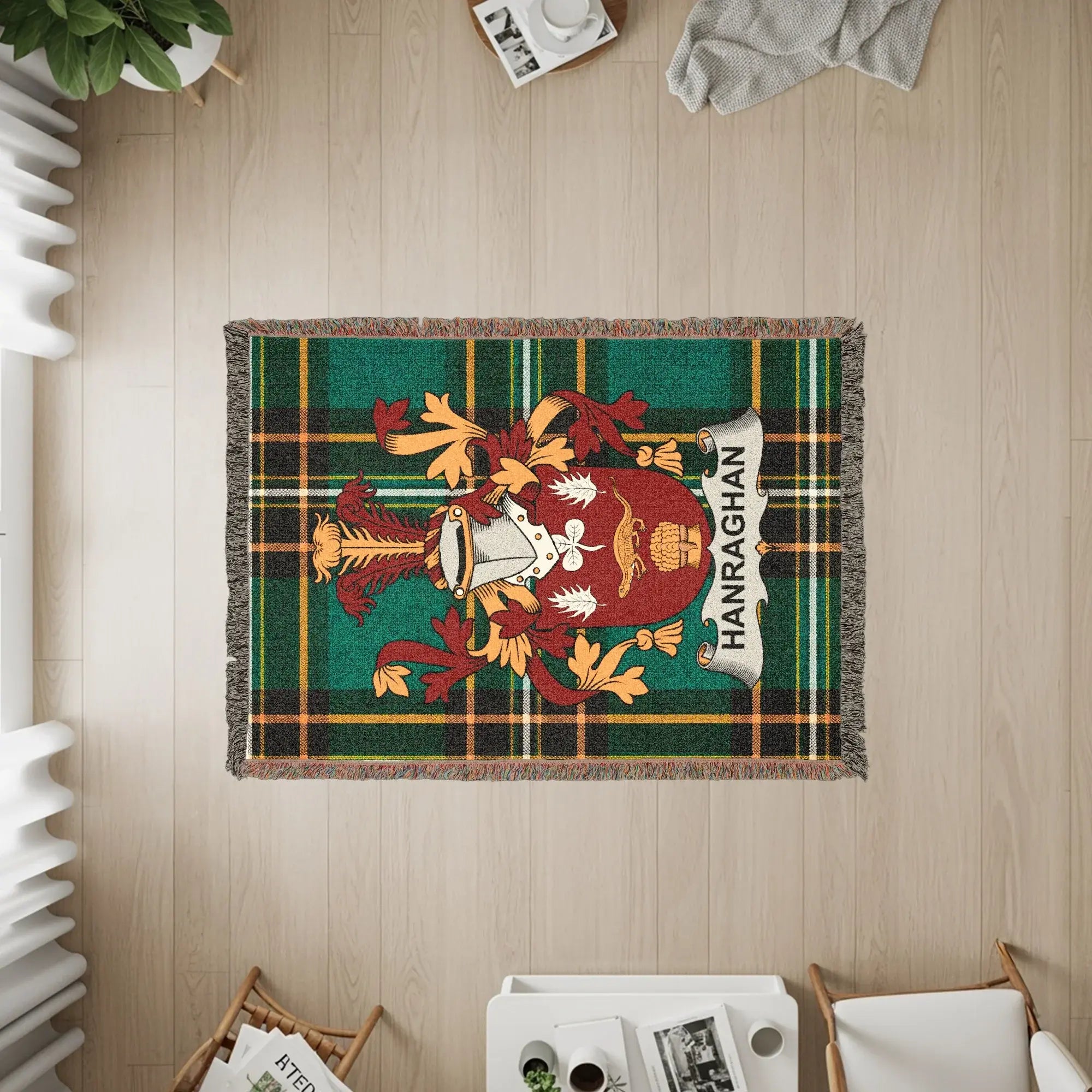 HANRAGHAN plaid woven blanket with heraldic crest.