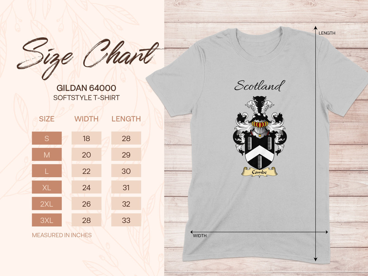 Gildan 64000 size chart for the Combe unisex T-shirt, sizes S to 3XL