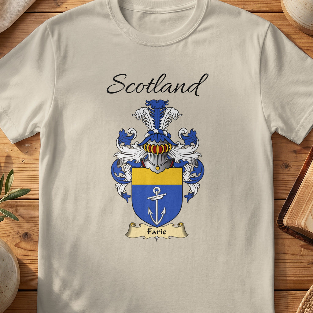 Sand Farie Scottish family shield T-shirt featuring a white anchor on blue beneath a gold top band