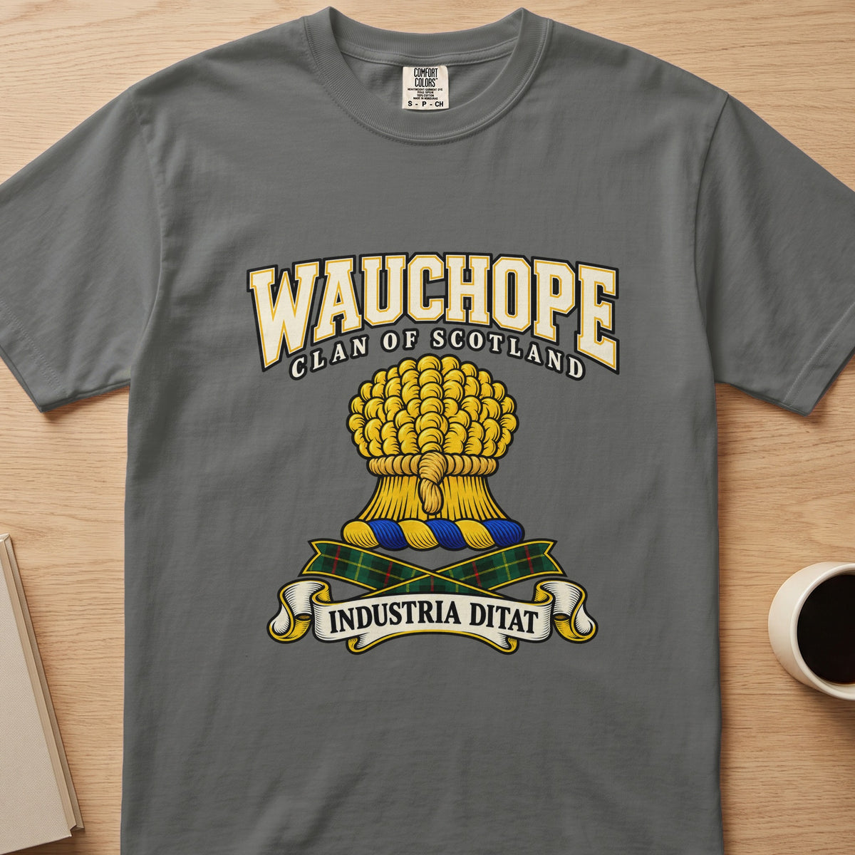Wauchope clan T-shirt in gray, front view with gold sheaf of grain