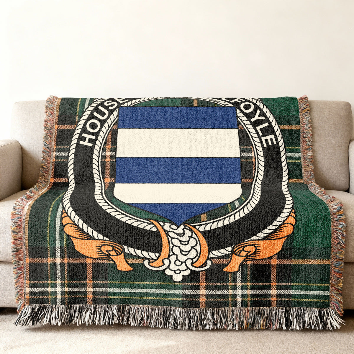 MacGilfoyle Irish National Tartan woven blanket displayed on a sofa
