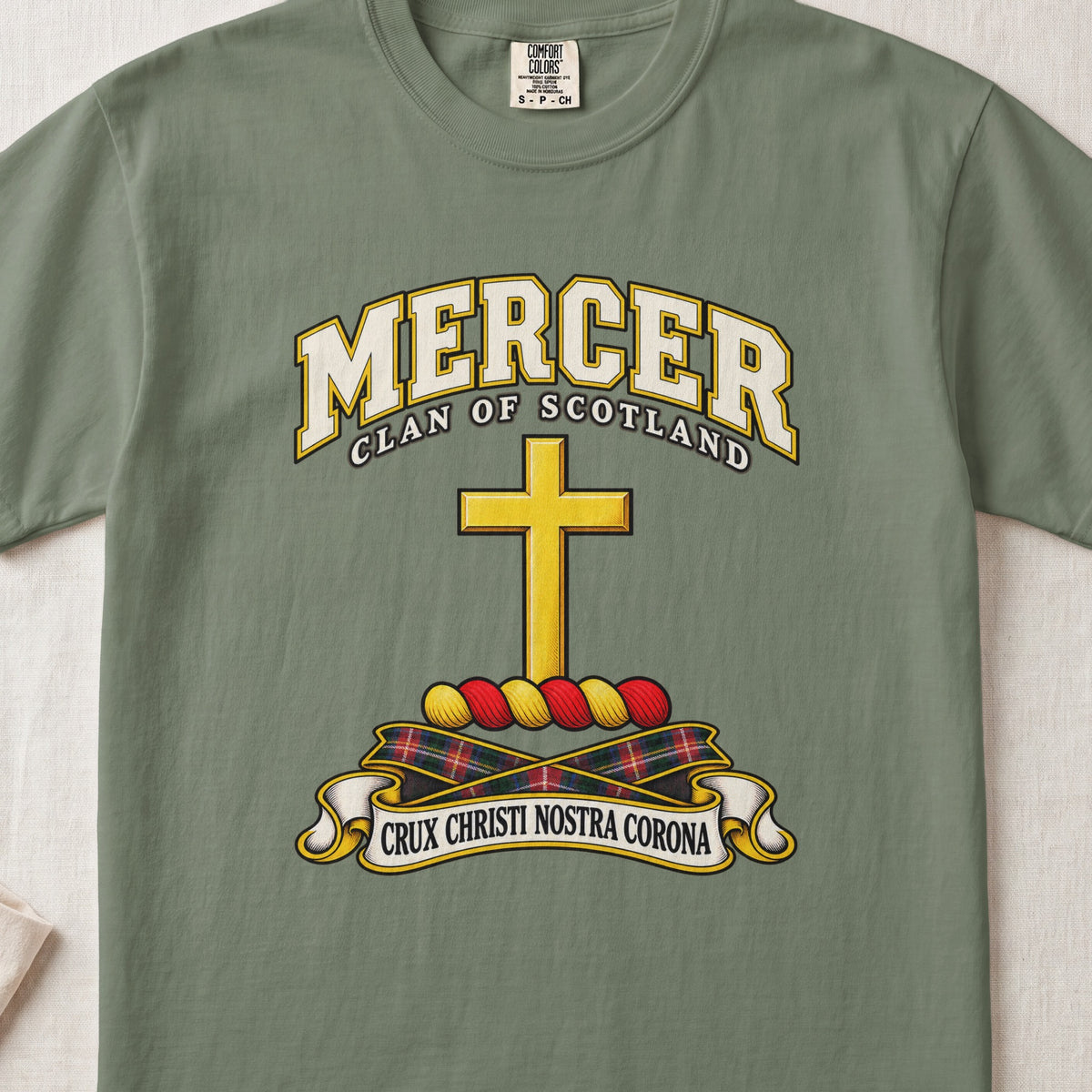 Mercer Scottish clan T-shirt in Moss, front view with a golden cross and motto design.