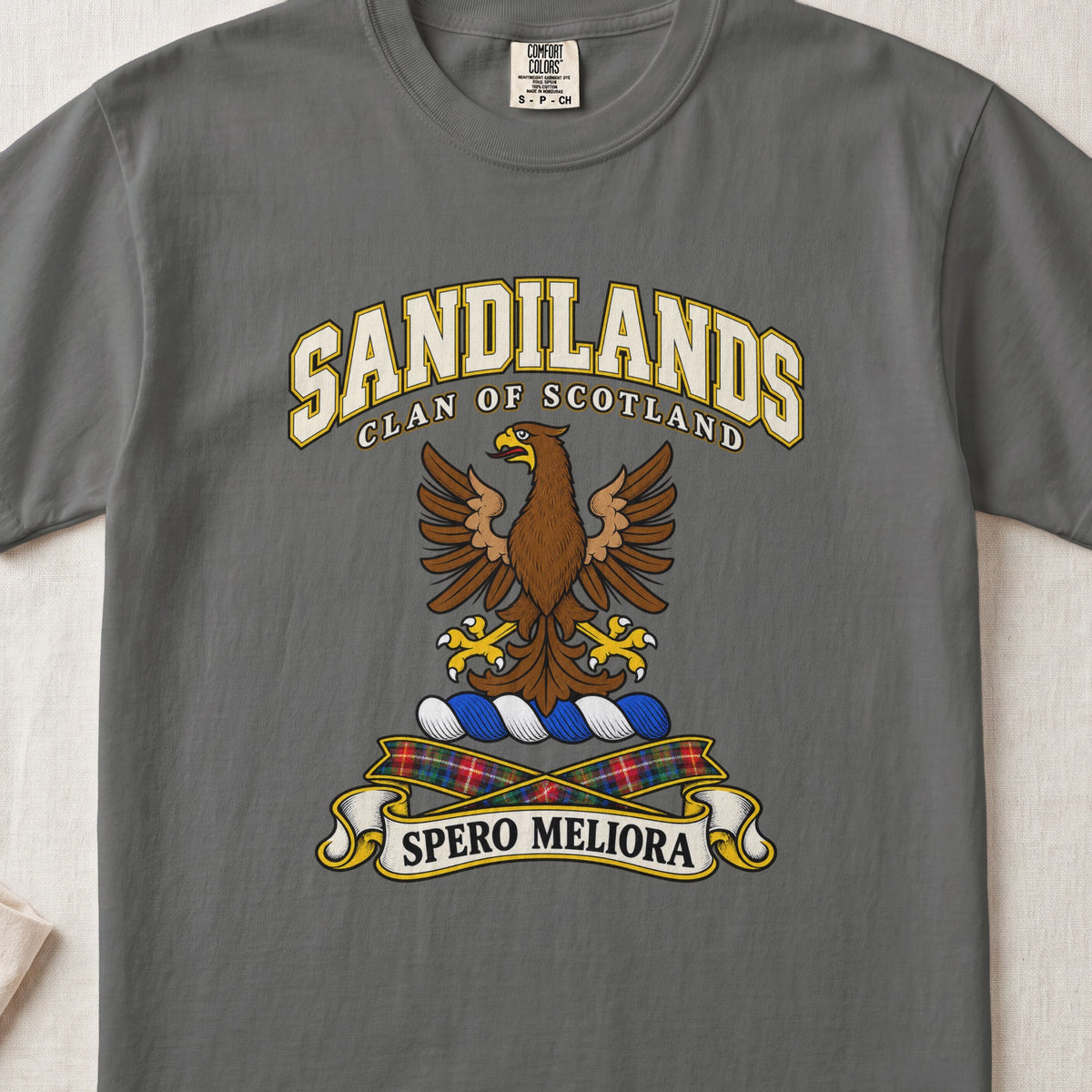 Sandilands Scottish clan T-shirt in Pepper, front view with a brown eagle with spread wings and motto design.