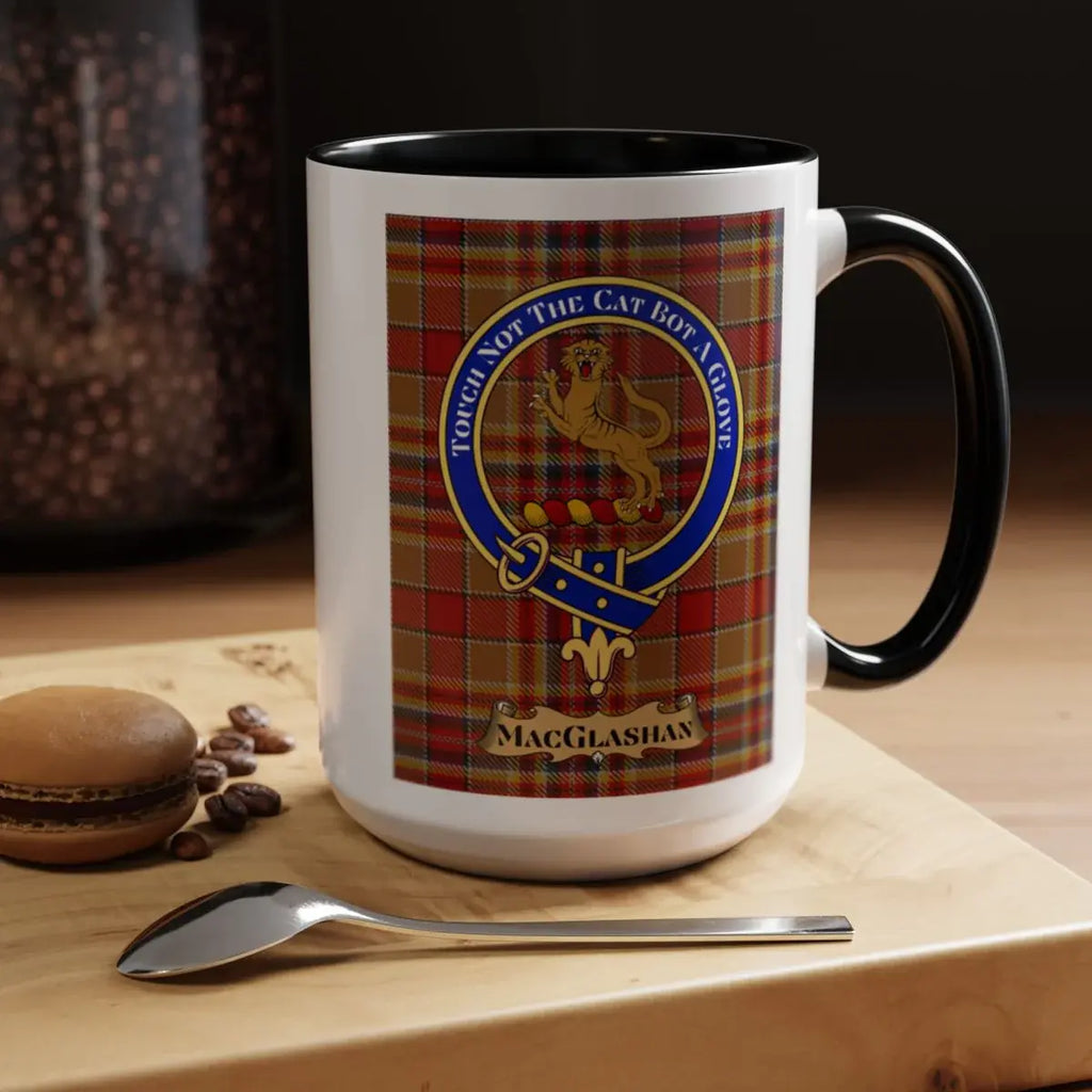 Close-up of the Macglashan clan crest printed on a ceramic mug