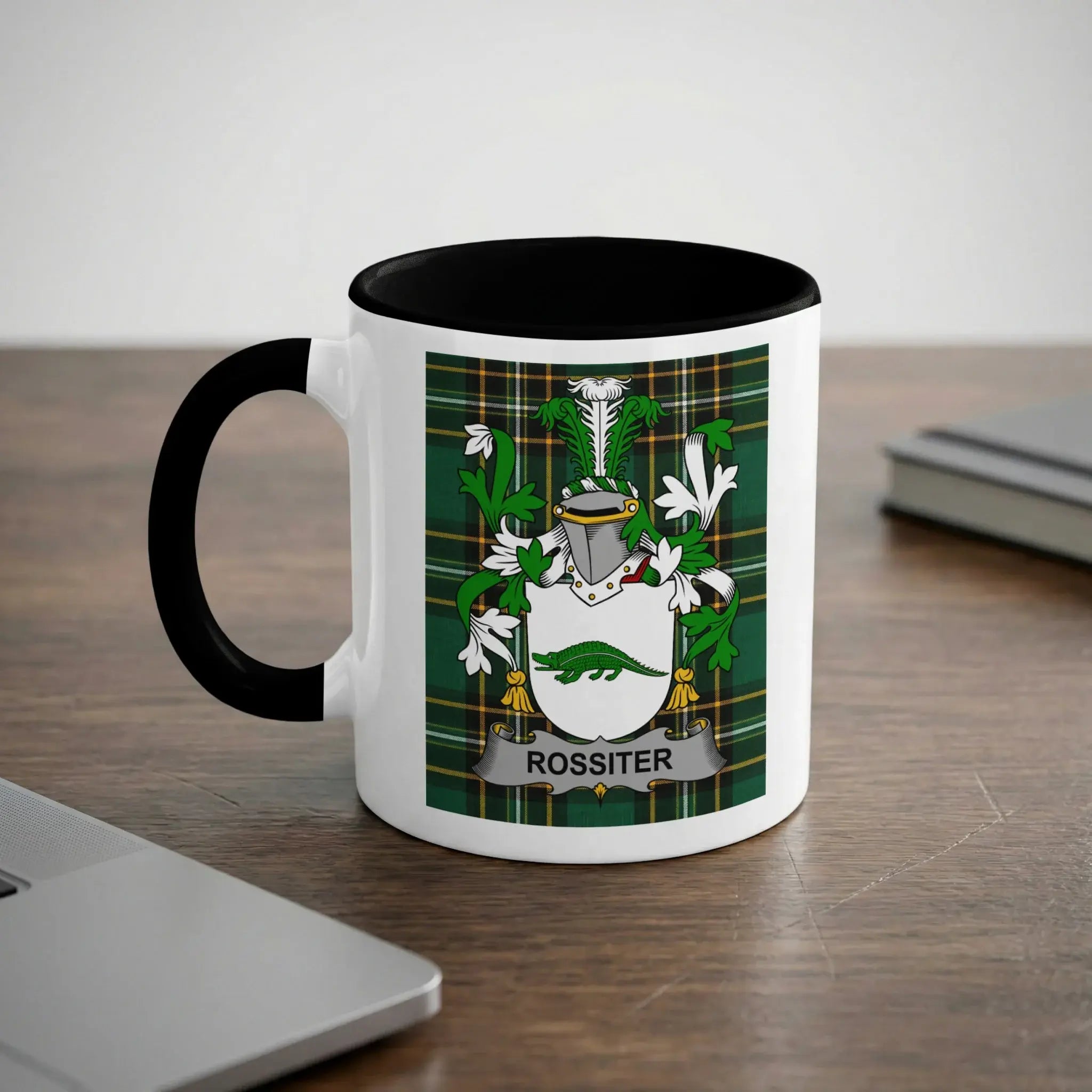 Rossiter black accent mug with Irish National Tartan crest design