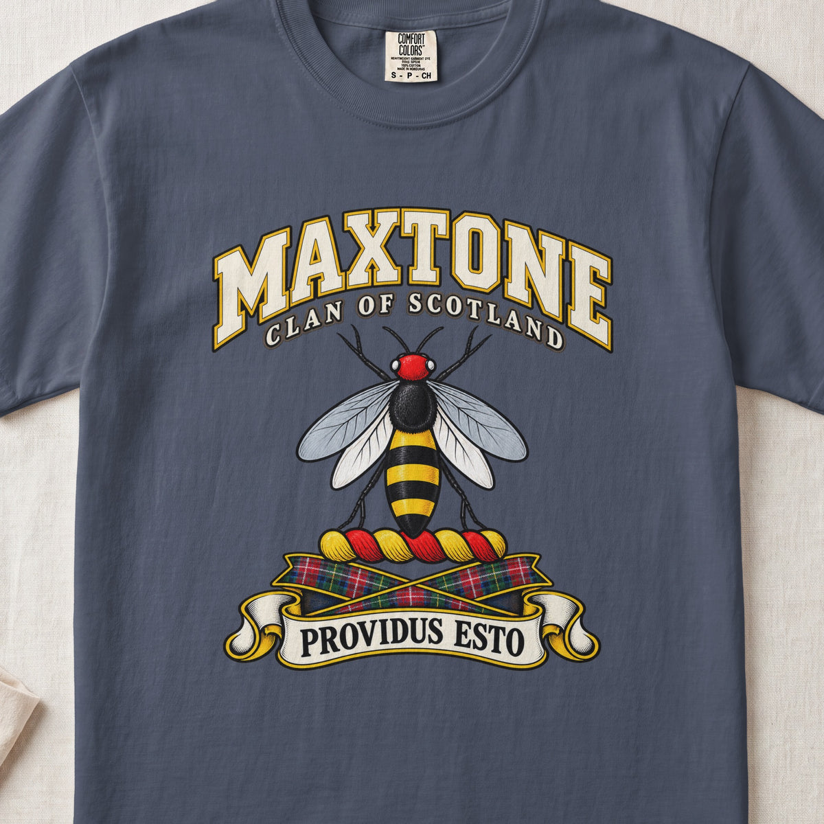 Maxtone Scottish clan T-shirt in Midnight, front view with a black-and-gold bee with silver wings and motto banner.