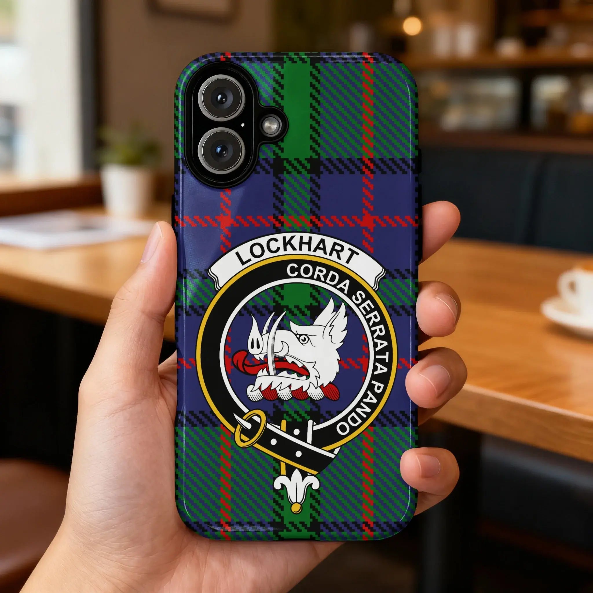 Clan Lockhart tartan crest phone case — full 3D wrap with boar's head and Corda Serrata Pando motto