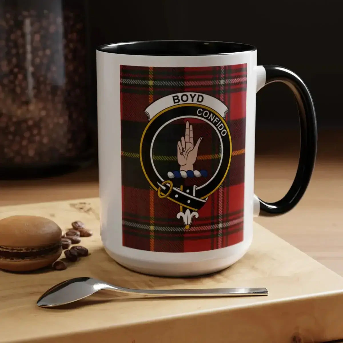 Boyd clan tartan 15oz accent mug — navy handle and interior, full crest print on white ceramic