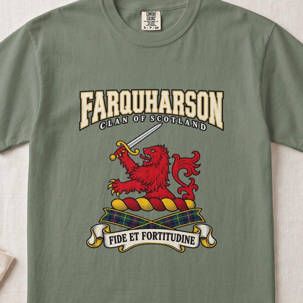 Farquharson Scottish clan graphic T-shirt in Moss, front view