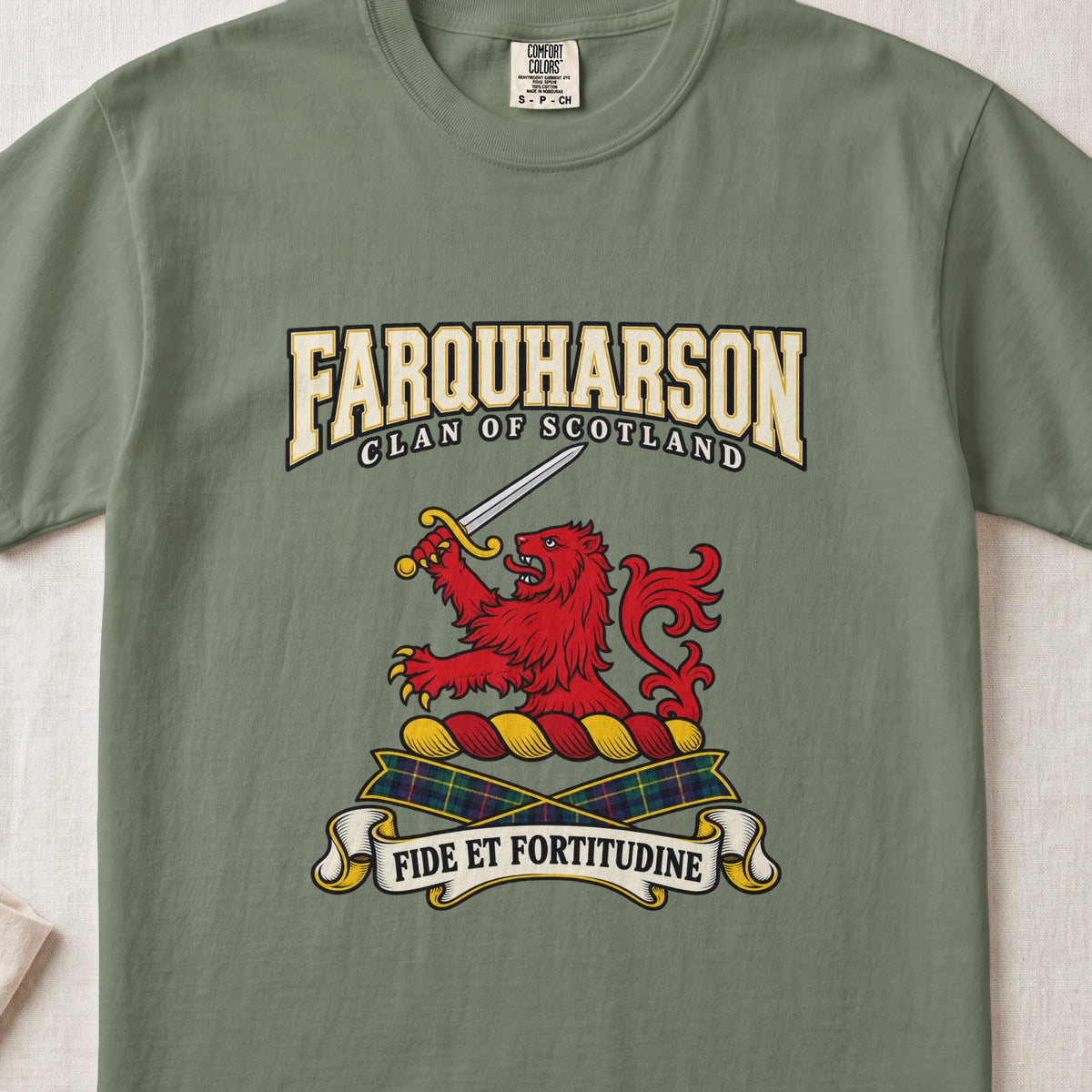 Farquharson Scottish clan graphic T-shirt in Moss, front view