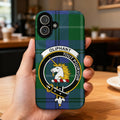 Clan Oliphant tartan phone case — glossy edge-to-edge unicorn crest print, iPhone shown