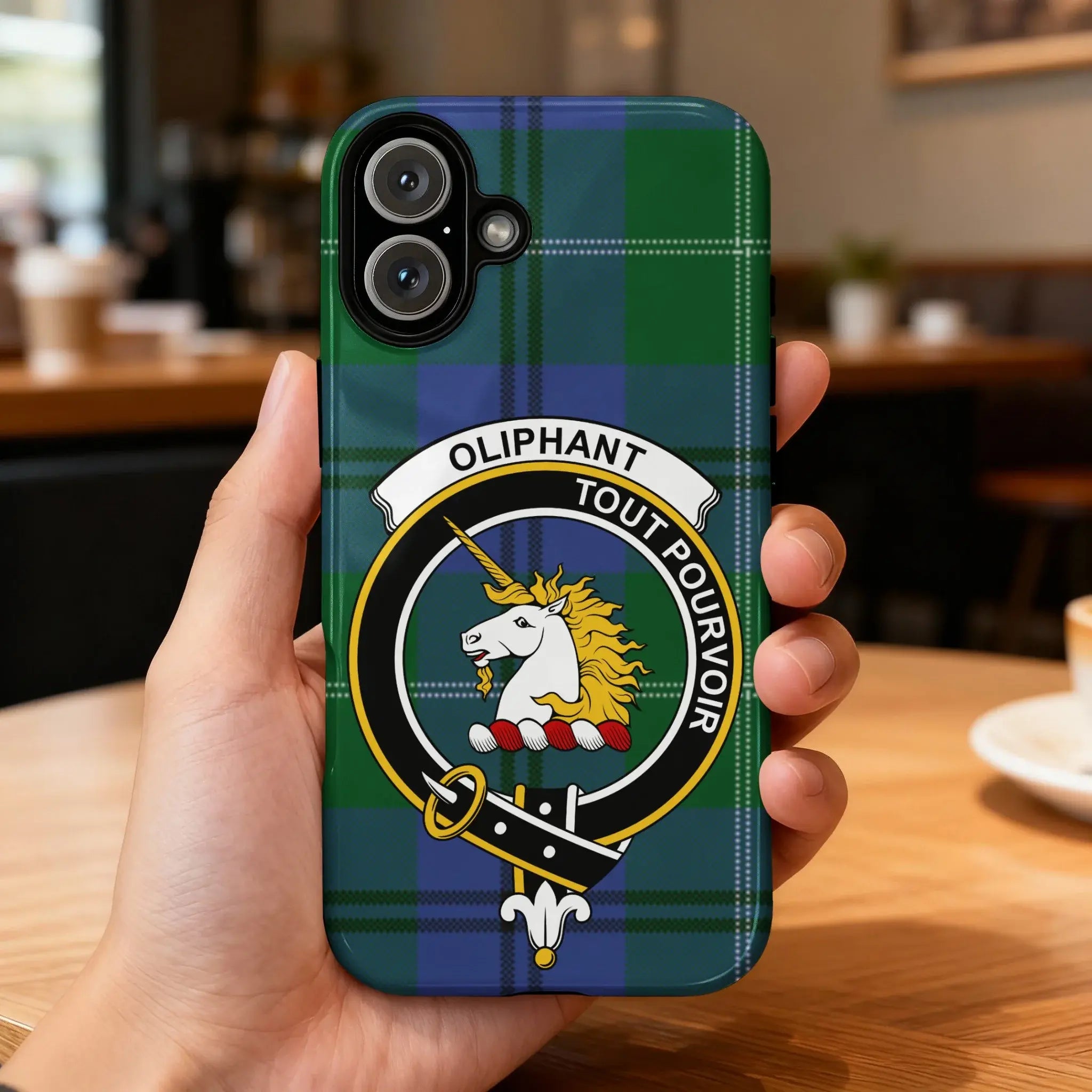 Clan Oliphant tartan phone case — glossy edge-to-edge unicorn crest print, iPhone shown
