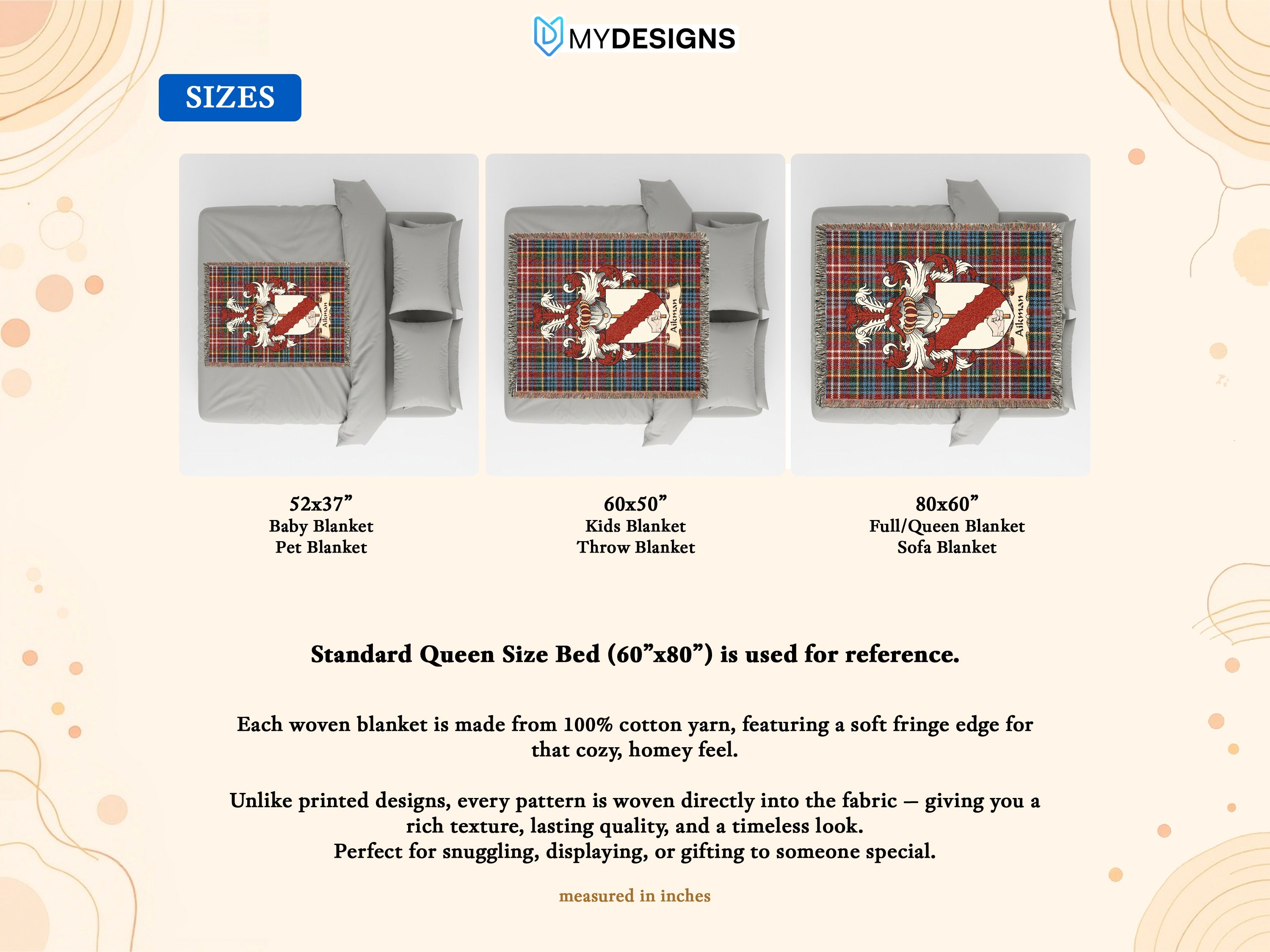 Size guide for Aikman Scottish family crest woven blanket with Caledonia tartan background