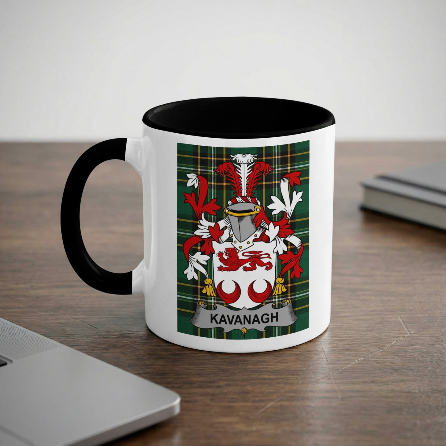 White mug with black rim and handle, featuring Kavanagh coat of arms.