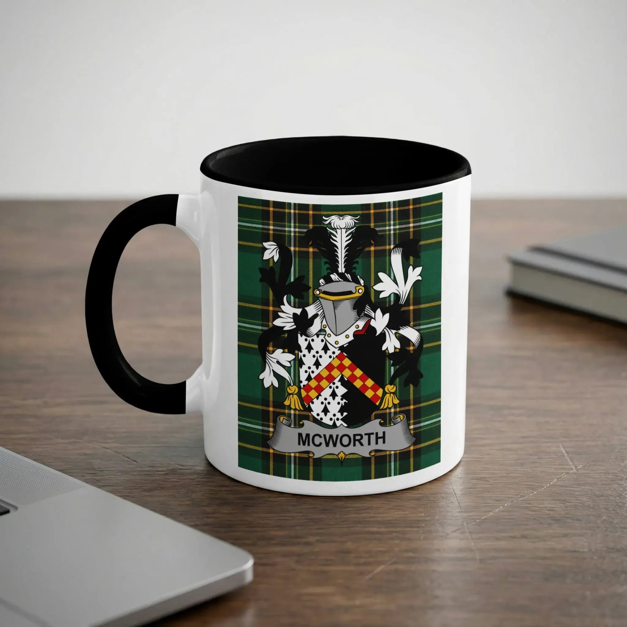 McWorth Irish heritage mug with black handle and family crest