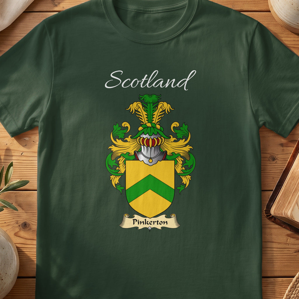 Forest Green Pinkerton Scottish T-shirt laid flat with coat of arms artwork and “Scotland” text.