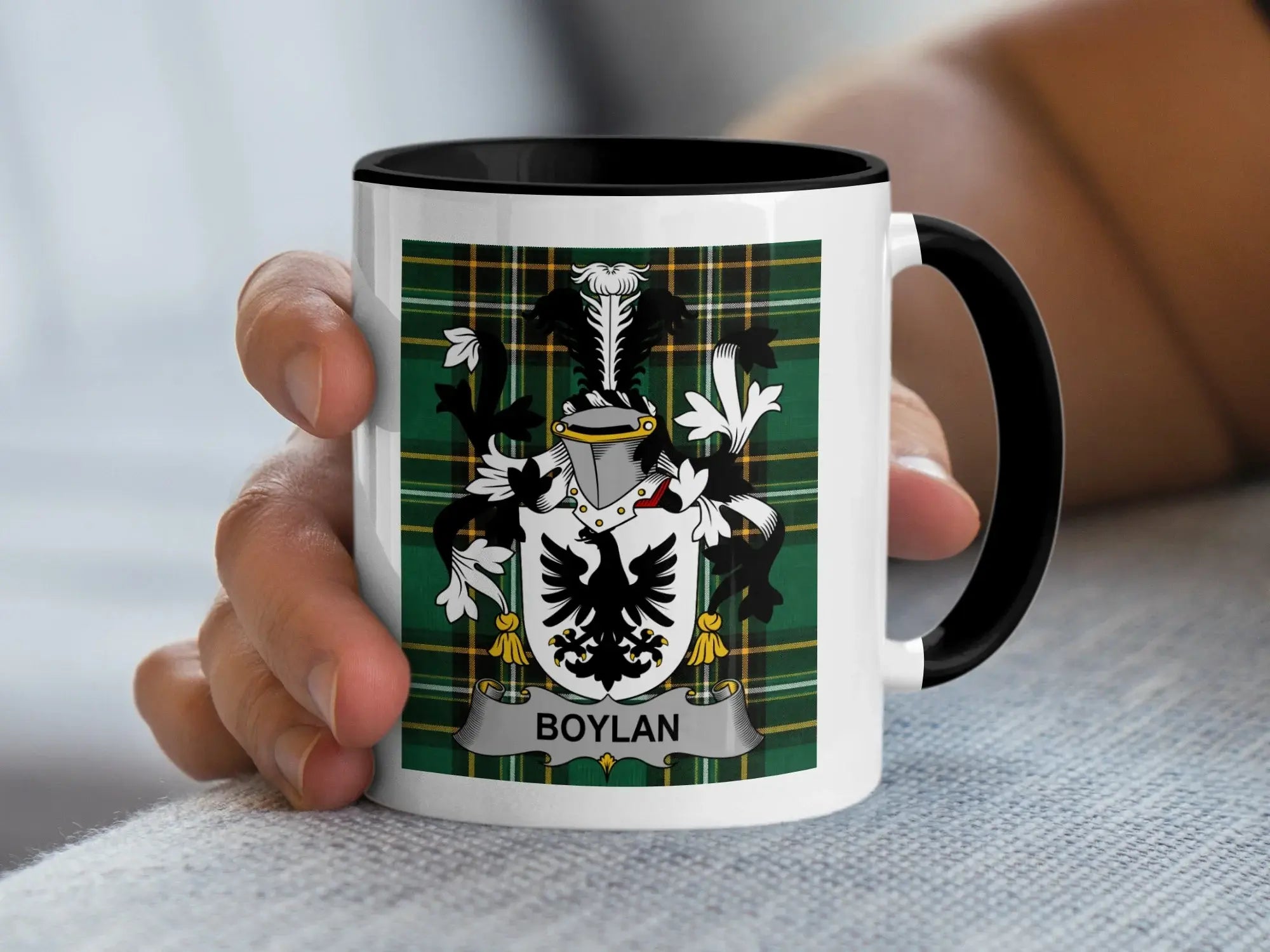 Boylan Irish heritage mug with family crest and black handle on Irish National Tartan