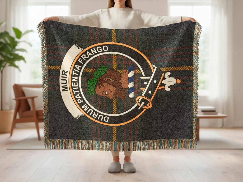 Muir clan crest tartan woven blanket with fringe edge — Durum Patientia Frango motto in cotton