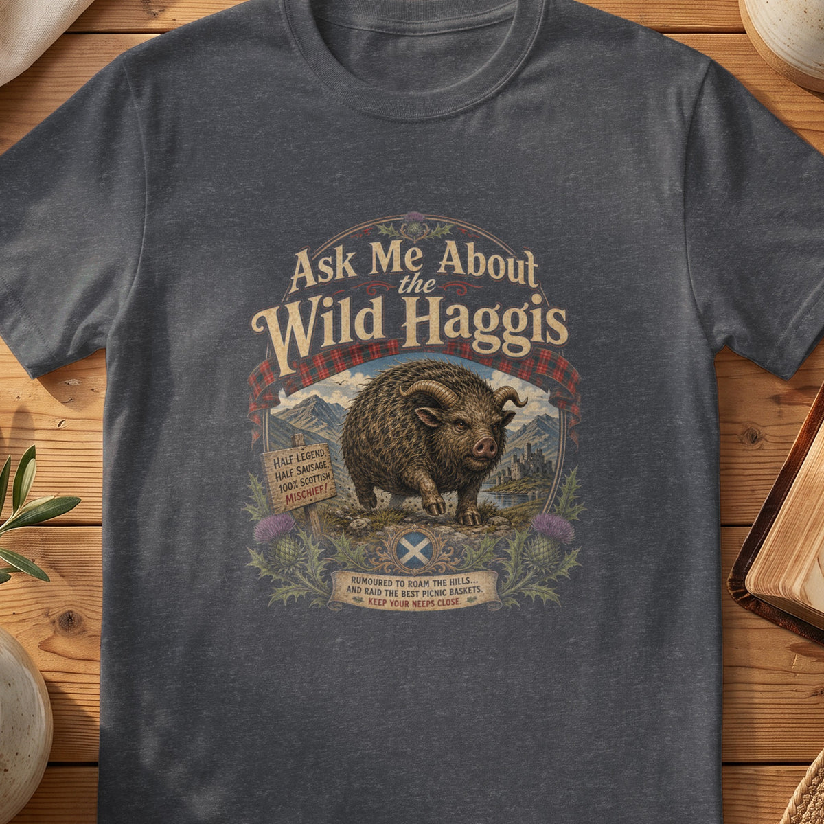 Dark grey Gildan 64000 unisex T-shirt flatlay with Ask Me About the Wild Haggis Scottish graphic design