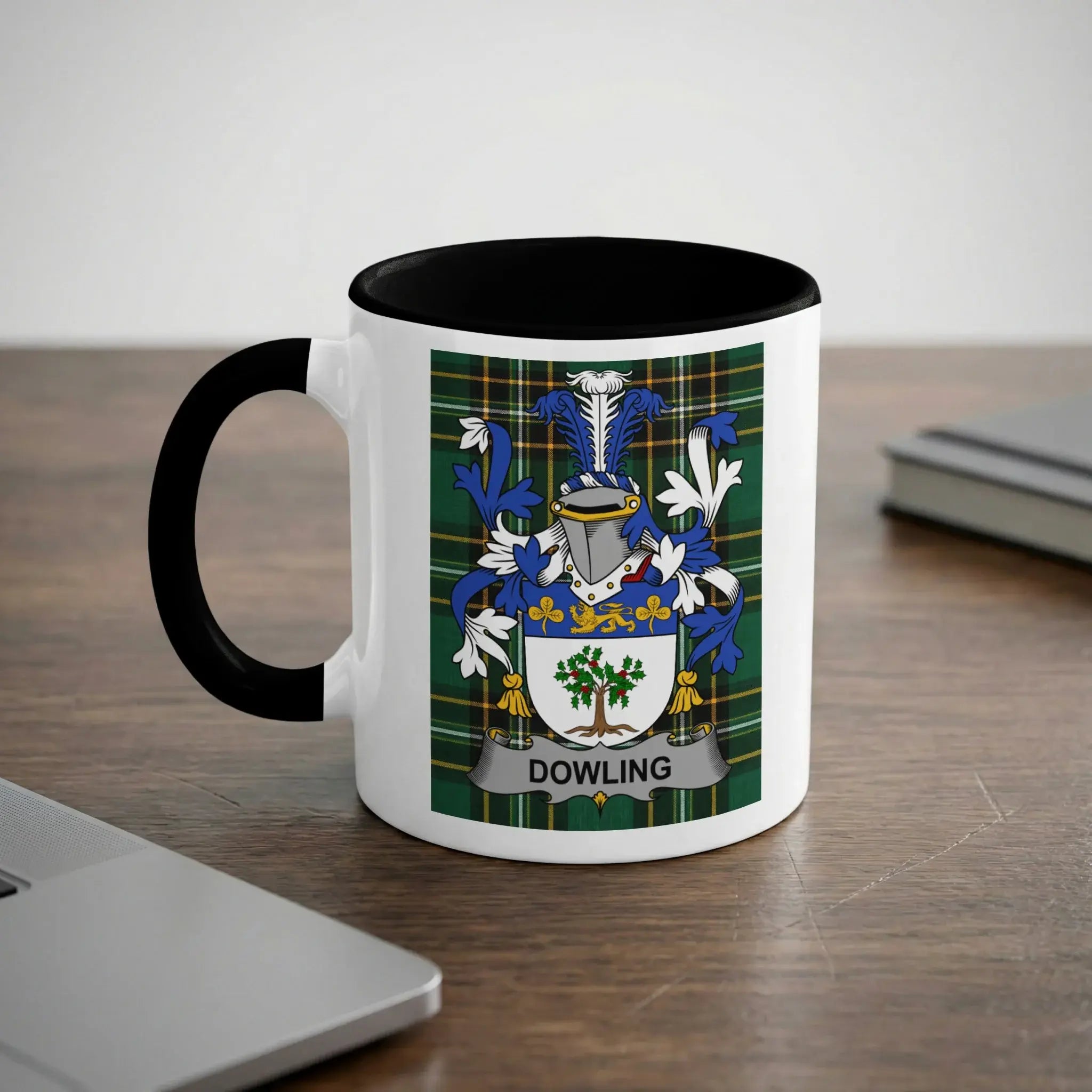 Mug with a coat of arms featuring a shield and banner with "DOWLING".