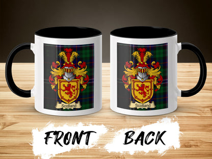 Mug with Scotland coat of arms and tartan pattern.