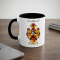 Black accent ceramic mug featuring Thoms coat of arms and Scotland lettering