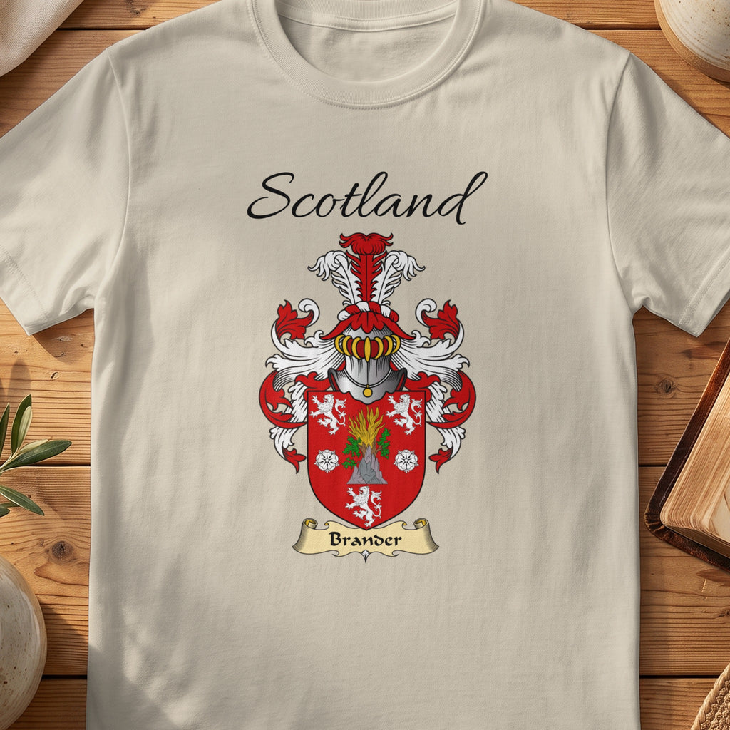Sand Brander Scottish family shield T-shirt featuring a green foliage and white motifs on red