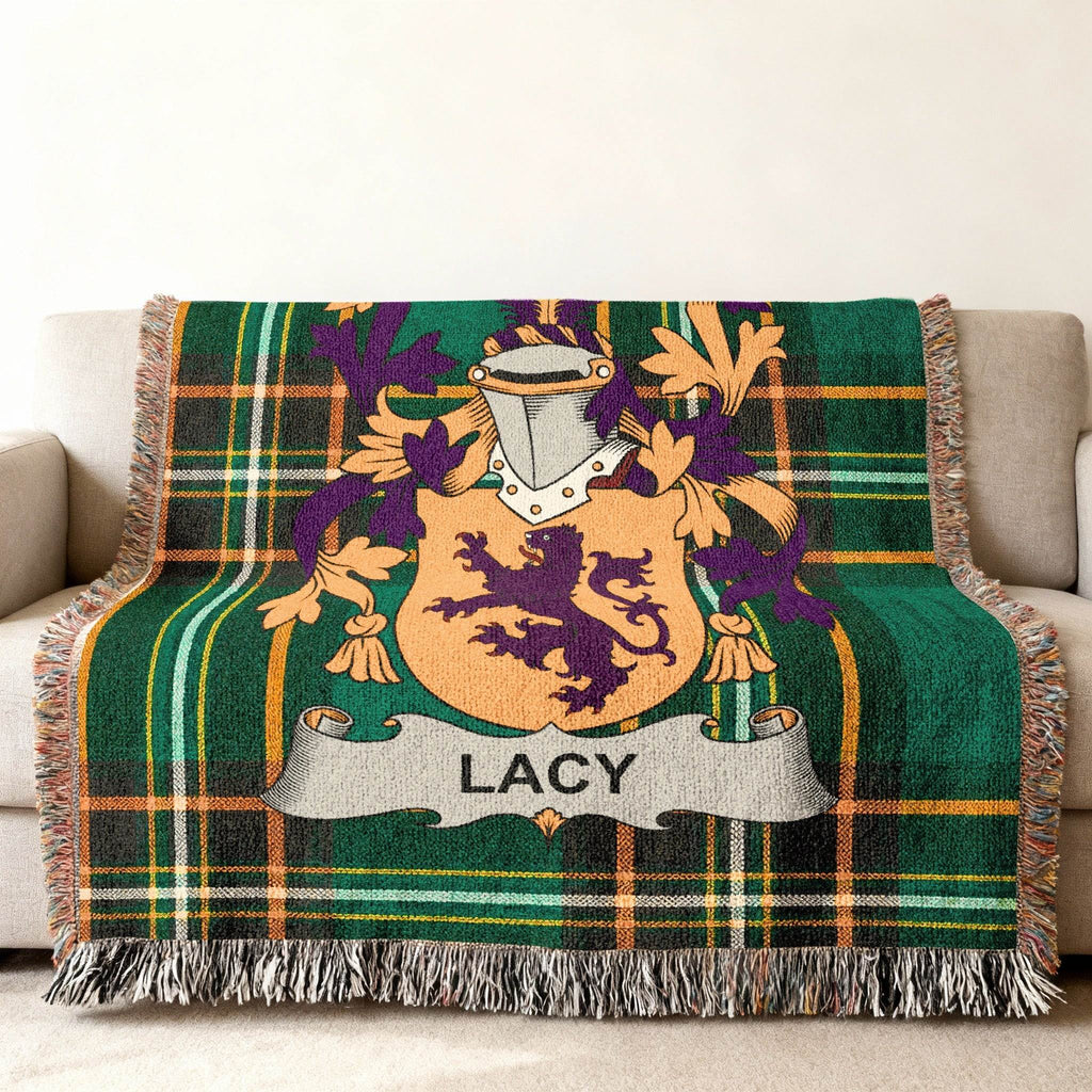 Green plaid throw blanket featuring the Lacy family crest with a lion.