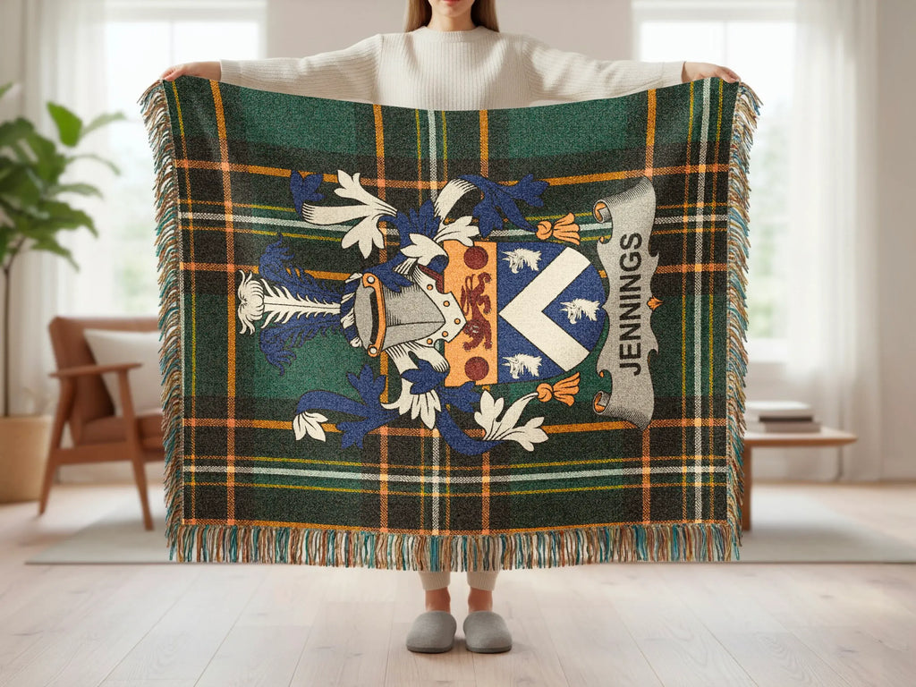 Tartan blanket with Jennings crest and coat of arms.