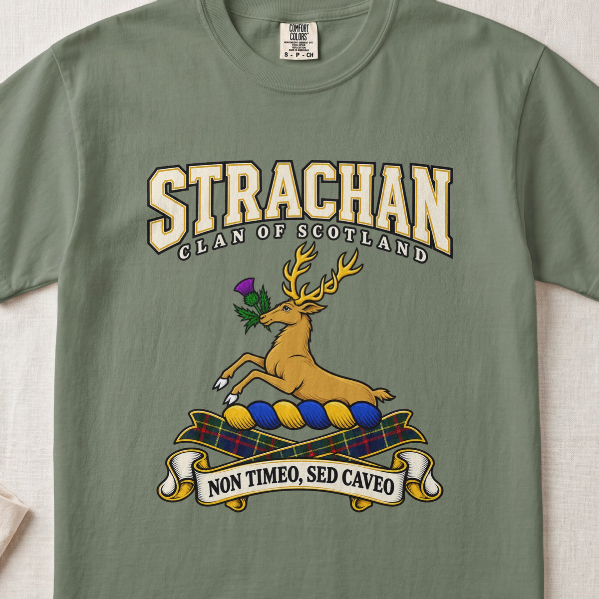 Strachan Scottish clan graphic T-shirt in Moss, front view