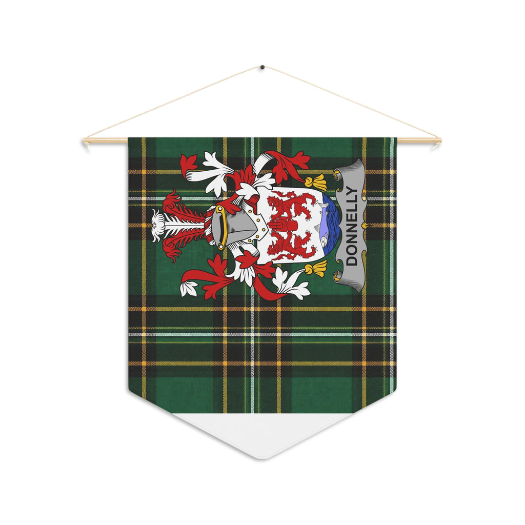 Donnelly crest on green tartan pennant banner hanging from wooden rod.