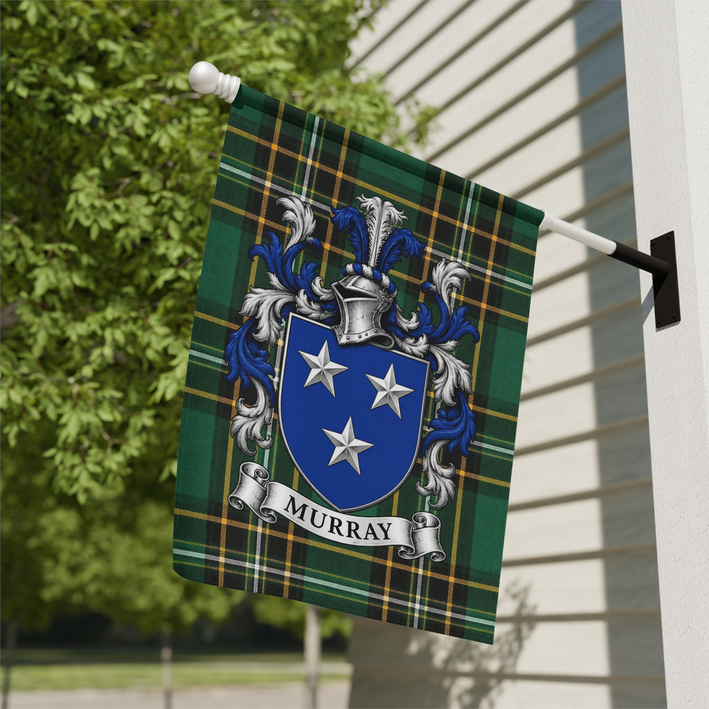 Murray Irish National Tartan family crest garden flag displayed outdoors