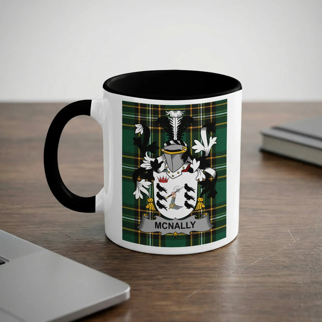 McNally Irish heritage mug with black handle and family crest